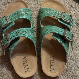 Myra Bag Teal Sandals with Buckle Accents